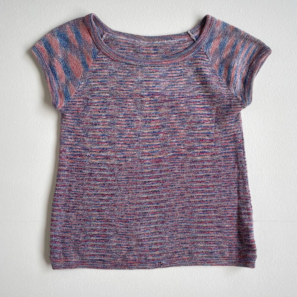Vtg 70s Mauve Silver Spaceknit Capped Sleeve Baby Tee / Sz S/M / Retro Raglan